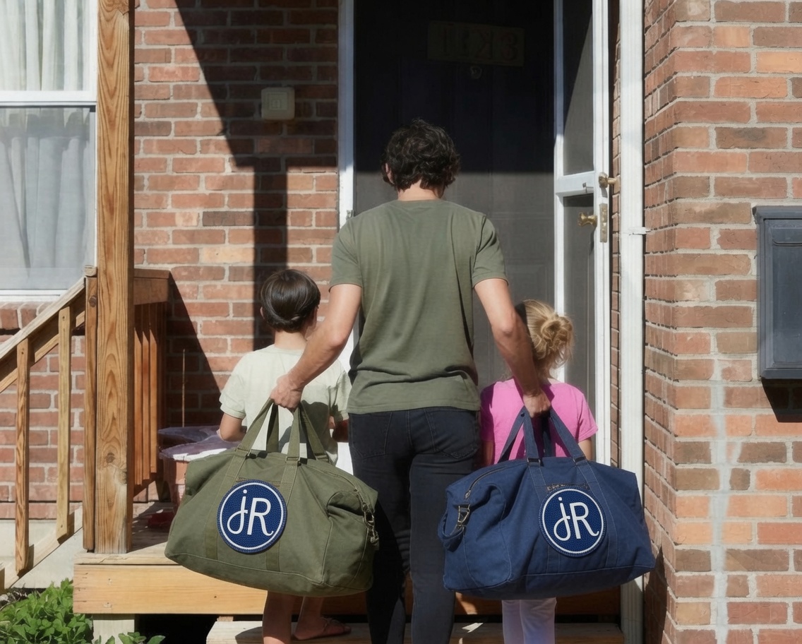 The same two children carrying Joy Restored duffle bags up the same steps